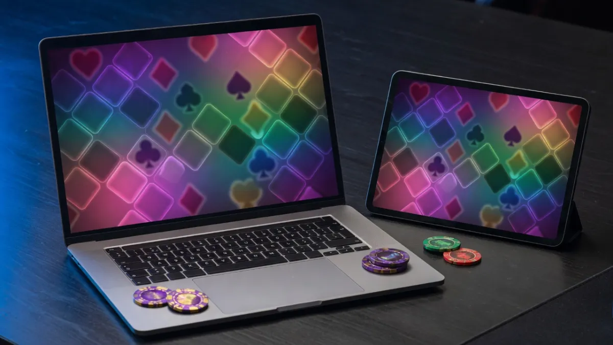 Notebook s barevnou hrou automatu na pracovním stole
